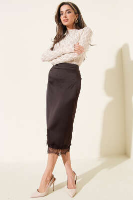 Yırtmaçlı Dantelli Midi Saten Etek Acı Kahve - Thumbnail