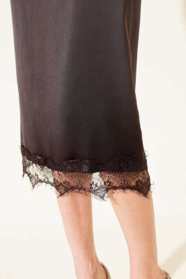 Yırtmaçlı Dantelli Midi Saten Etek Acı Kahve - Thumbnail