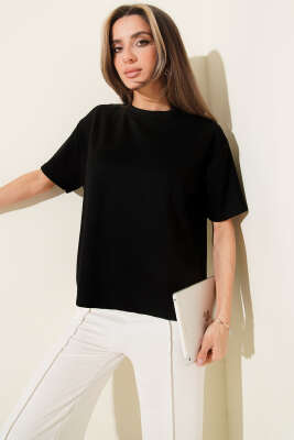 Bisiklet Yaka Loyşa T-shirt Siyah - Thumbnail