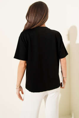 Bisiklet Yaka Loyşa T-shirt Siyah - Thumbnail