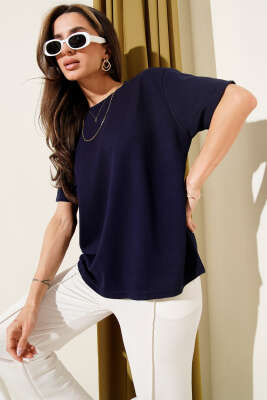 Bisiklet Yaka Loyşa T-shirt Lacivert - Thumbnail