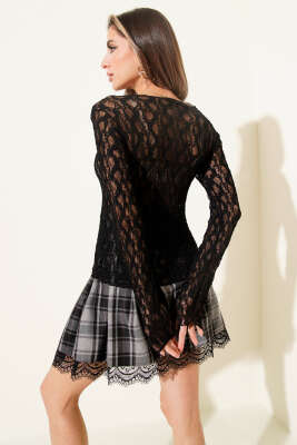 Dantelli Büzgülü Transparan Bluz Siyah - Thumbnail