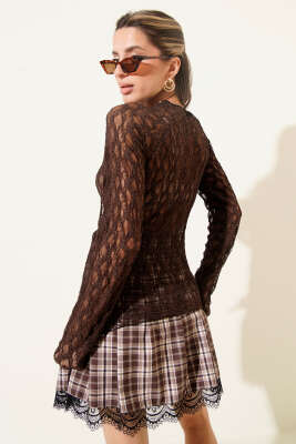 Dantelli Büzgülü Transparan Bluz Kahve - Thumbnail