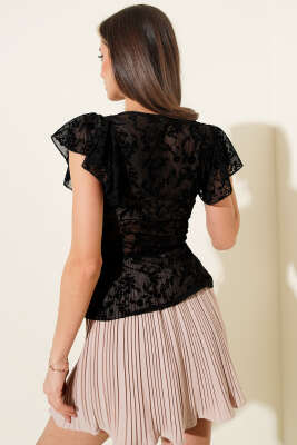 Fırfırlı Çiçekli Kolsuz Tül Bluz Siyah - Thumbnail