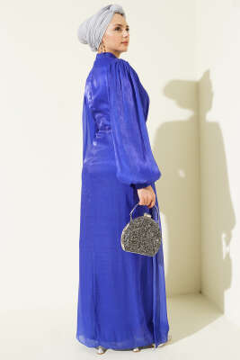 Sıra Taşlı Balon Kol Abiye Elbise Saks - Thumbnail