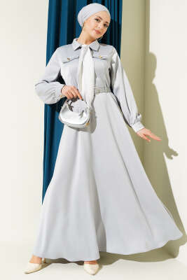 Fularlı Kemerli Saten Abiye Elbise Gri - Thumbnail