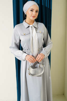 Fularlı Kemerli Saten Abiye Elbise Gri - Thumbnail