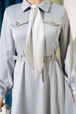 Fularlı Kemerli Saten Abiye Elbise Gri - Thumbnail