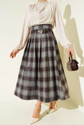 Ekose Desen Pileli Kloş Etek Gri - Thumbnail