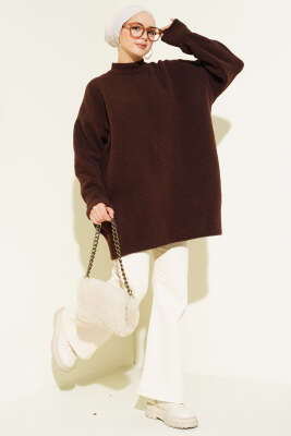 Dik Yaka Basic Yumoş Triko Tunik Kahve - Thumbnail