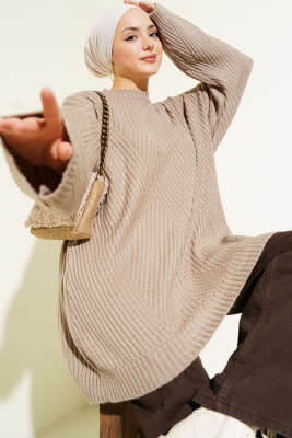 Pazarium - Çizgi Kabartmalı Triko Tunik Vizon