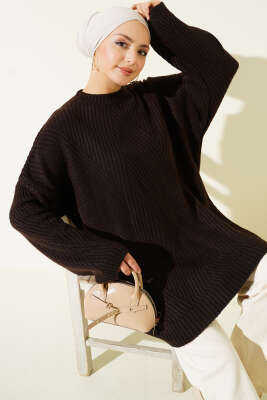 Pazarium - Çizgi Kabartmalı Triko Tunik Kahve