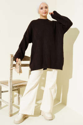 Çizgi Kabartmalı Triko Tunik Kahve - Thumbnail