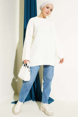 Çizgi Kabartmalı Triko Tunik Ekru - Thumbnail