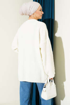 Çizgi Kabartmalı Triko Tunik Ekru - Thumbnail