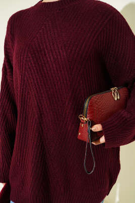 Çizgi Kabartmalı Triko Tunik Bordo - Thumbnail