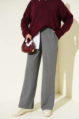 Pazarium - Yarım Bel Lastikli Palazzo Pantolon Füme