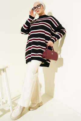 Basic Yatay Çizgi Detaylı Triko Tunik Siyah - Thumbnail