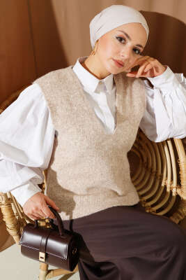 V Yaka Yumoş Triko Süveter Bej - Thumbnail