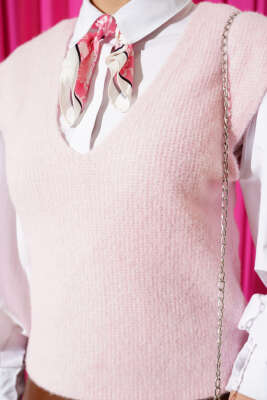 V Yaka Yumoş Triko Süveter Pembe - Thumbnail