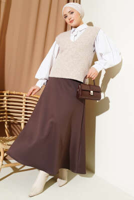 V Yaka Yumoş Triko Süveter Bej - Thumbnail