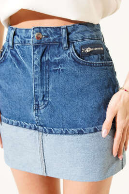 Yarısı Ters Mini Kot Etek Kot - Thumbnail