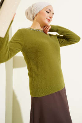 Pazarium - Yakası Taşlı Sakallı Kazak Yeşil