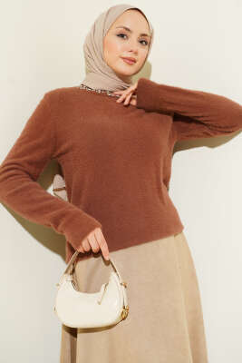 Pazarium - Yakası Taşlı Sakallı Kazak Kestane