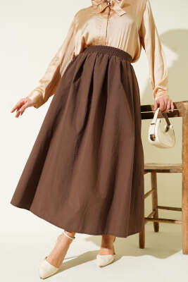 Pazarium - Beli Lastikli Cepli Kloş Etek Kahve