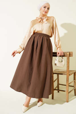 Beli Lastikli Cepli Kloş Etek Kahve - Thumbnail