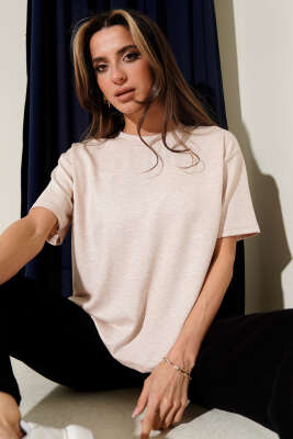 Bisiklet Yaka Loyşa T-shirt Bej - Thumbnail