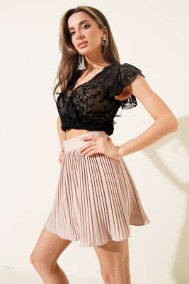 Pliseli Şort Astarlı Etek Bej - Thumbnail