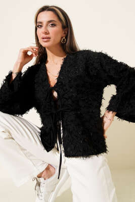 Püskül Detaylı Bağcıklı Kimono Siyah - Thumbnail