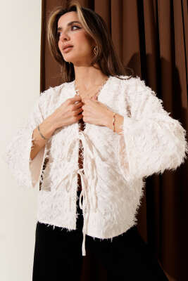 Püskül Detaylı Bağcıklı Kimono Krem - Thumbnail