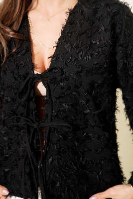 Püskül Detaylı Bağcıklı Kimono Siyah - Thumbnail