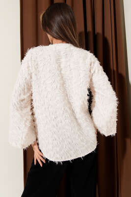 Püskül Detaylı Bağcıklı Kimono Krem - Thumbnail