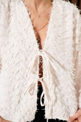 Püskül Detaylı Bağcıklı Kimono Krem - Thumbnail