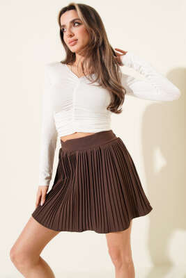 Pazarium - Pliseli Şort Astarlı Etek Kahve