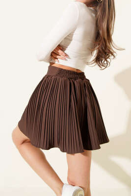 Pliseli Şort Astarlı Etek Kahve - Thumbnail