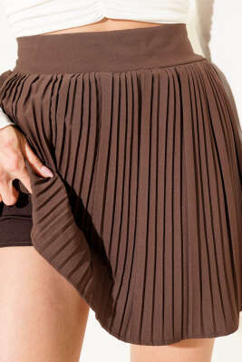 Pliseli Şort Astarlı Etek Kahve - Thumbnail