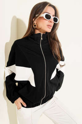 Loyşa Oversize Şerit Garnili Hırka Siyah - Thumbnail