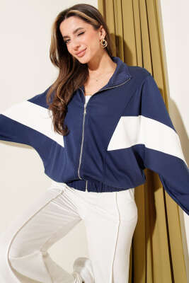 Loyşa Oversize Şerit Garnili Hırka Lacivert - Thumbnail