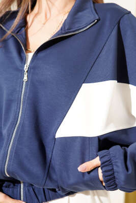 Loyşa Oversize Şerit Garnili Hırka Lacivert - Thumbnail