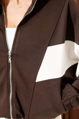 Loyşa Oversize Şerit Garnili Hırka Kahve - Thumbnail