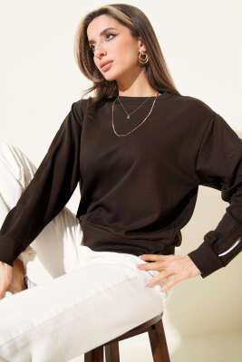 Pazarium - Loyşa Kol Detaylı Sweatshirt Acı Kahve