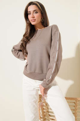 Loyşa Kol Detaylı Sweatshirt Vizon - Thumbnail