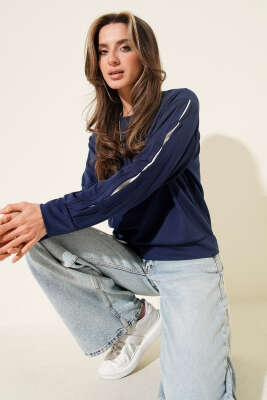 Loyşa Kol Detaylı Sweatshirt Lacivert - Thumbnail