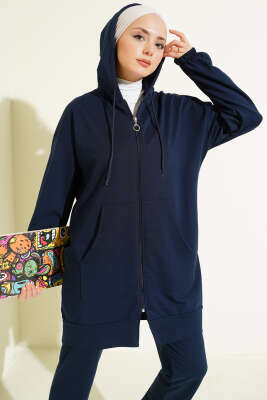 Bilek Lastikli Kapüşonlu İkili Takım Lacivert - Thumbnail
