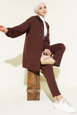 Pazarium - Bilek Lastikli Kapüşonlu İkili Takım Kahve