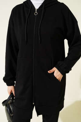 Bilek Lastikli Kapüşonlu İkili Takım Siyah - Thumbnail